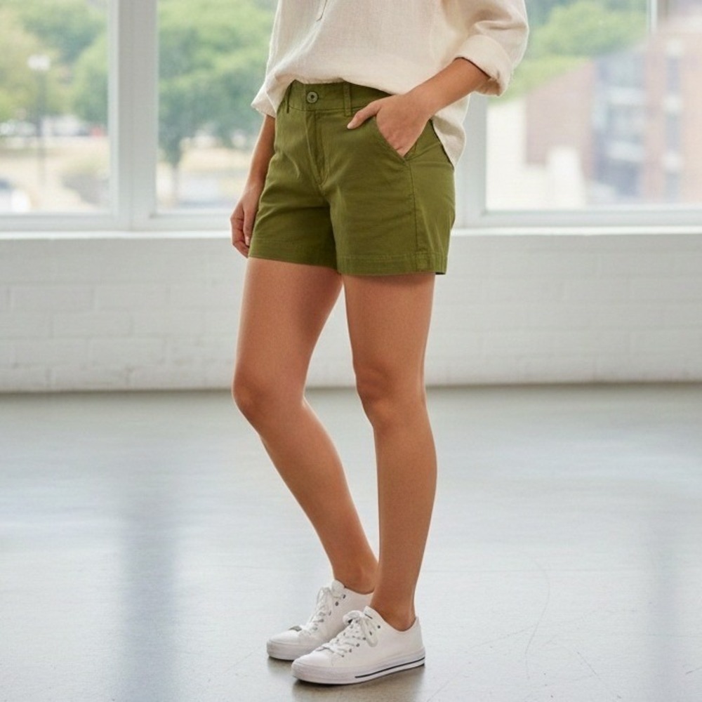 J Crew Chino City Fit Shorts Olive Green‎ Women's Button Fly Cotton - Size 4